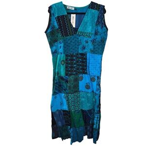 White Waves Womens Blue Patchwork V-Neck Sleeveless Midi Dress Size L NEW